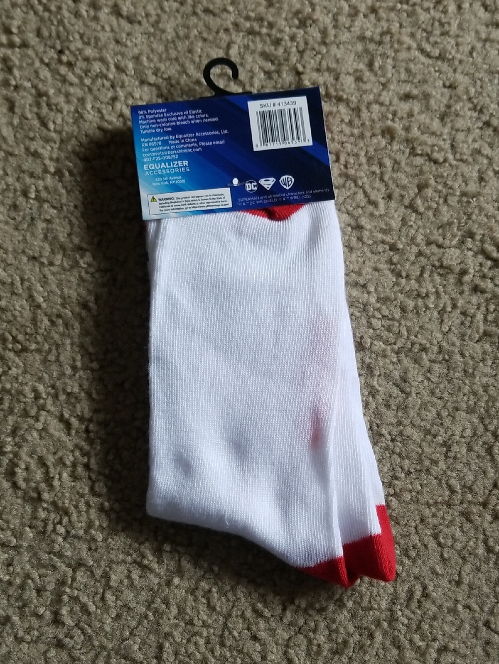 Superman Men's White Crew Socks with Red & Blue Accents - Picture 2 of 2
